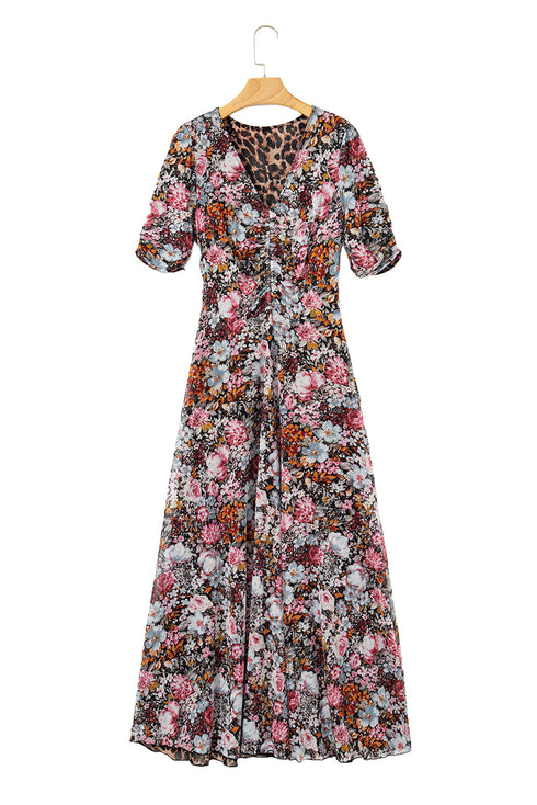 Reversible Two Way Wear Leopard Floral Print V Neck A Line Slit Midi Dress